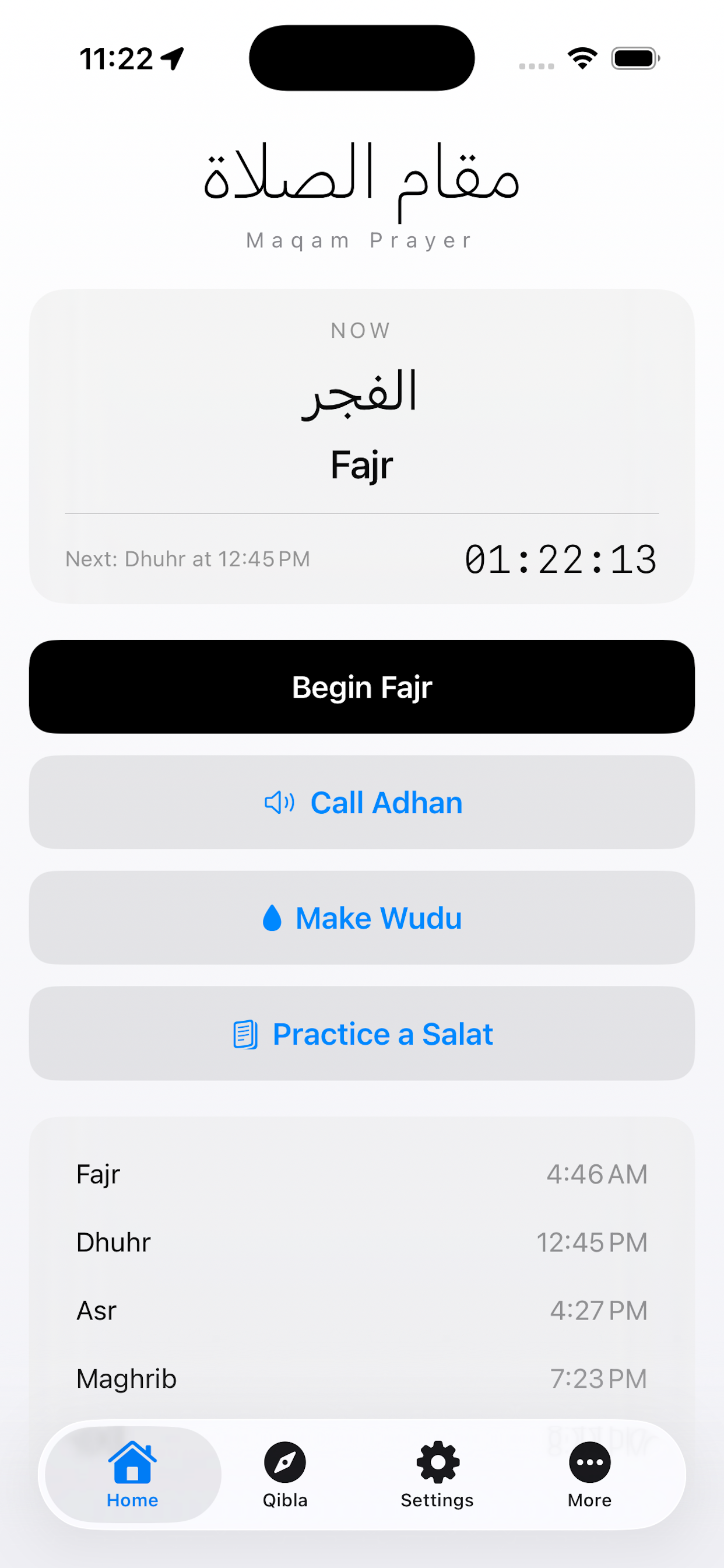 Maqam Prayer home screen showing current prayer and countdown