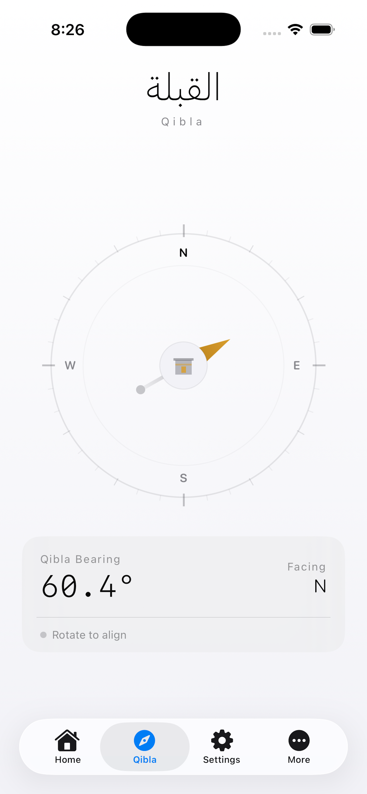 Qibla compass pointing toward Mecca